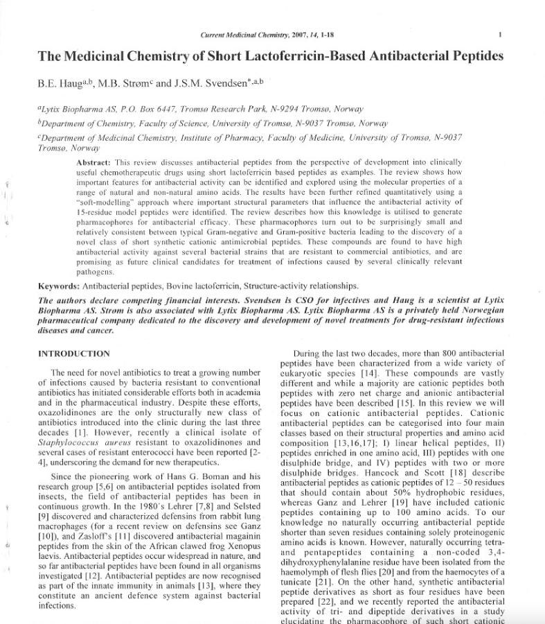 Haug et.al. The Medicinal Chemistry of Short Lactoferricin-Based Antibacterial Peptides The Synthetic Amphipathic Peptidomimetic LTX109 Is a Potent Fungicide That Disturbs Plasma Membrane Integrity in a Sphingolipid Dependent Manner
