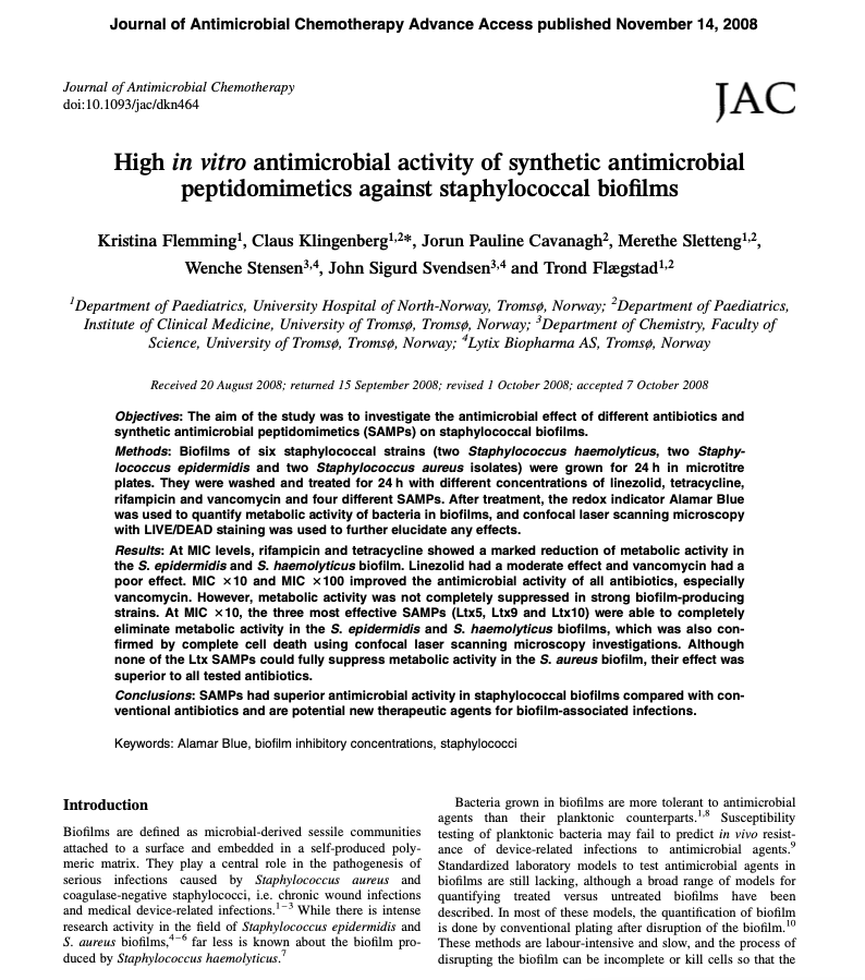 High in vitro antimicrobial activity of synthetic antimicrobial peptidomimetics The Synthetic Amphipathic Peptidomimetic LTX109 Is a Potent Fungicide That Disturbs Plasma Membrane Integrity in a Sphingolipid Dependent Manner