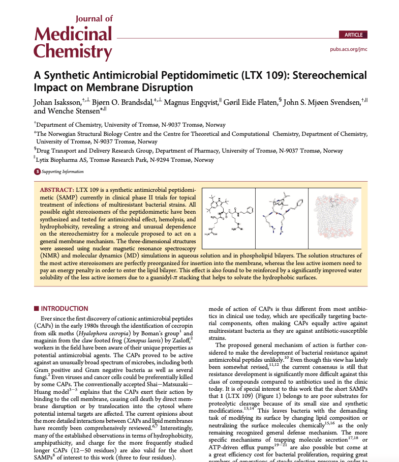 Isaksson et.al. A Synthetic Antimicrobial Peptidomimetic (LTX 109). Stereochemical Impact on Membrane Disruption The Synthetic Amphipathic Peptidomimetic LTX109 Is a Potent Fungicide That Disturbs Plasma Membrane Integrity in a Sphingolipid Dependent Manner