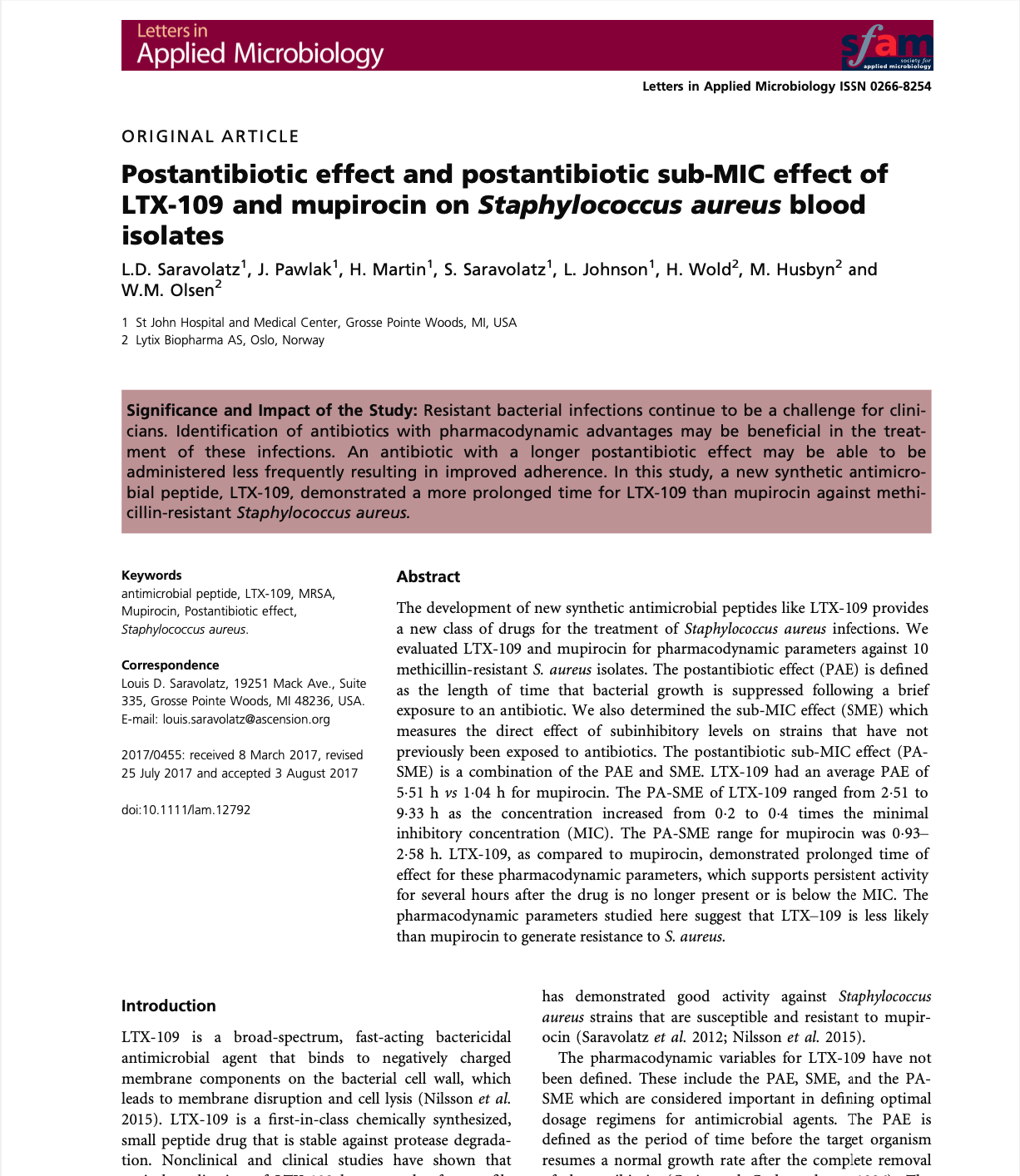 Postantibiotic effect and postantibiotic sub-MIC effect of LTX-109 and mupirocin on Staphylococcus aureus blood isolates