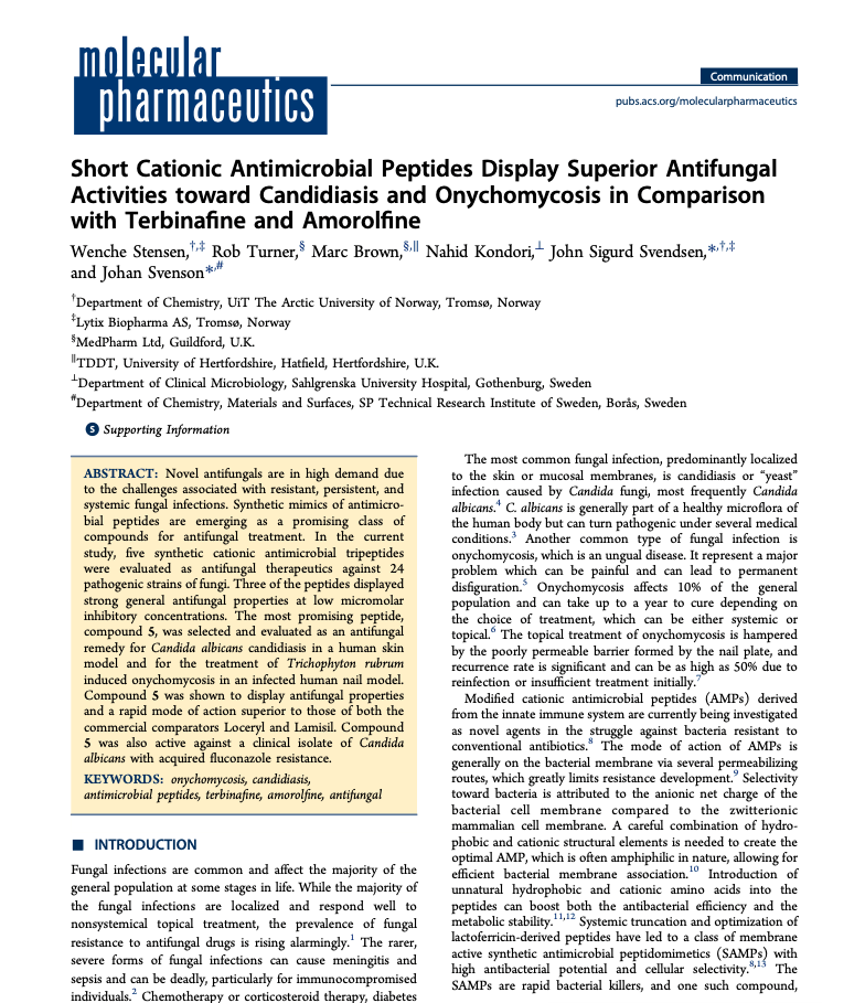 Stensen et.al. Short Cationic Antimicrobial Peptides Display Superior Antifungal Activities toward Candidiasis and Onychomycosis in Comparison with Terbinafine and Amorolfine The Synthetic Amphipathic Peptidomimetic LTX109 Is a Potent Fungicide That Disturbs Plasma Membrane Integrity in a Sphingolipid Dependent Manner