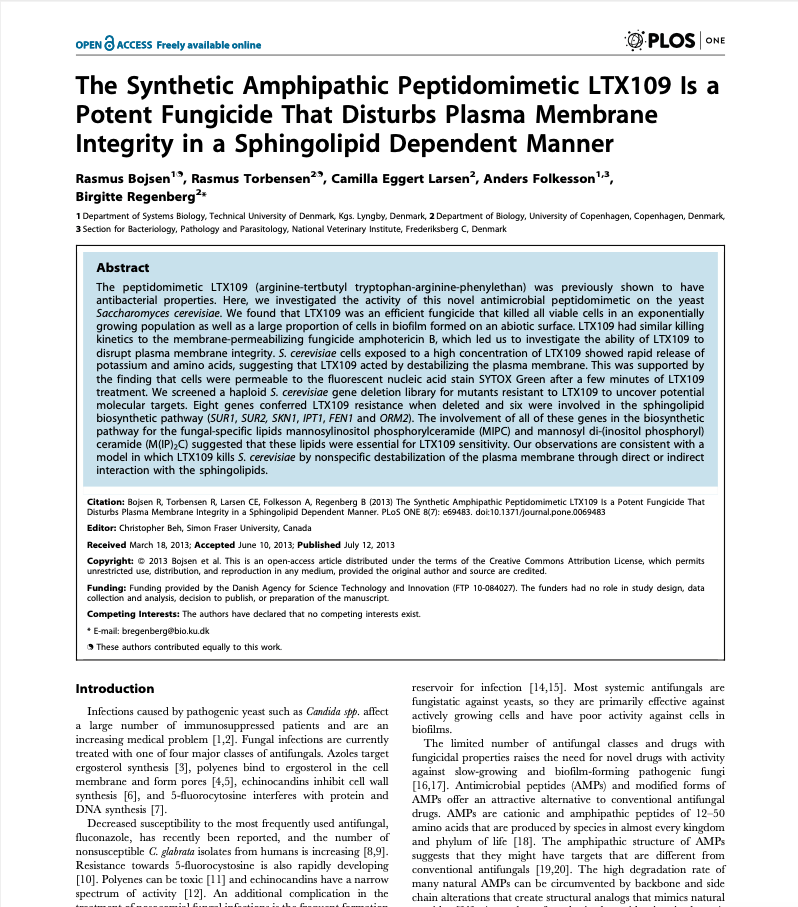 The Synthetic Amphipathic Peptidomimetic LTX109 Is a Potent Fungicide That Disturbs Plasma Membrane Integrity in a Sphingolipid Dependent Manner